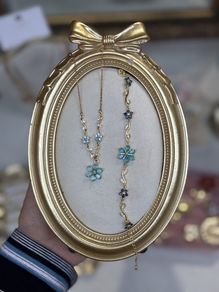 Mavi Gold Çiçek Kolye&Bileklik
